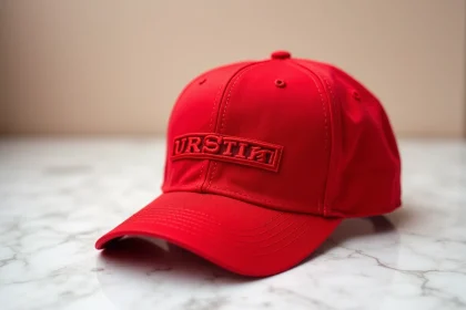 Casquette rouge structurée avec broderie posée sur marbre blanc, détail textile en gros plan