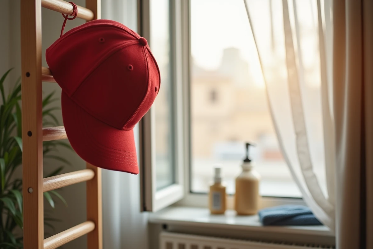 Casquette rouge en train de sécher sur un séchoir en bois près d'une fenêtre ouverte
