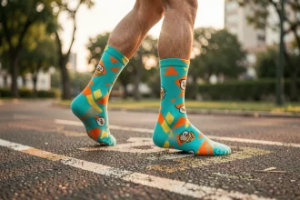 Chaussettes de sport rigolotes à motifs colorés portées par un coureur sur une piste d'athlétisme