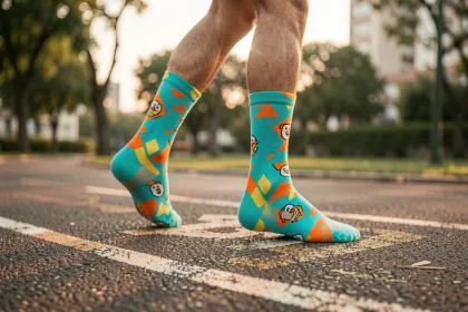 Chaussettes de sport rigolotes à motifs colorés portées par un coureur sur une piste d'athlétisme