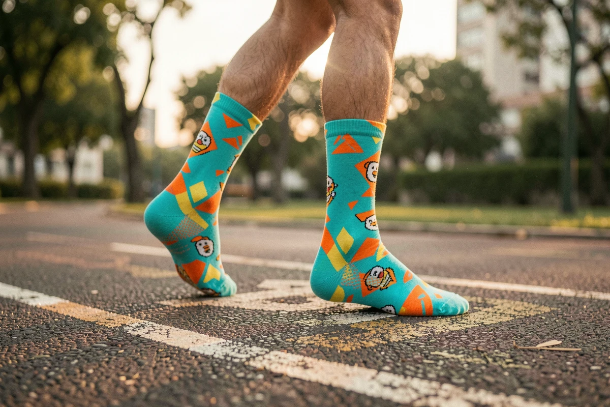 Chaussettes de sport rigolotes à motifs colorés portées par un coureur sur une piste d'athlétisme