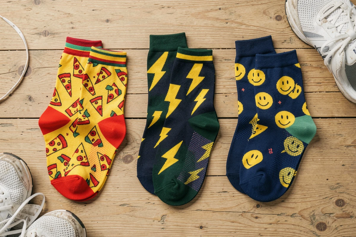 Trois paires de chaussettes de sport rigolotes à motifs originaux présentées en flat-lay sur bois