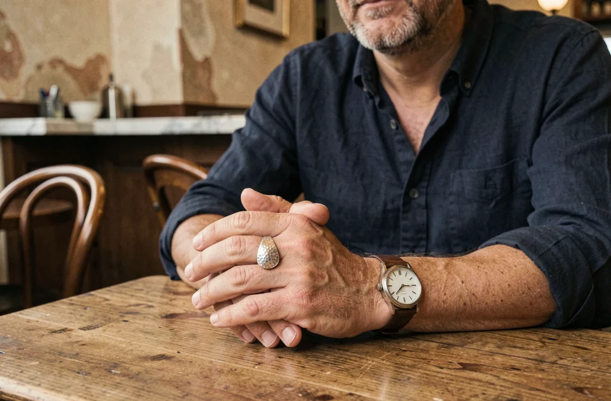 Homme portant une grande chevalière en argent massif à l'index dans un café parisien, ambiance décontractée et authentique
