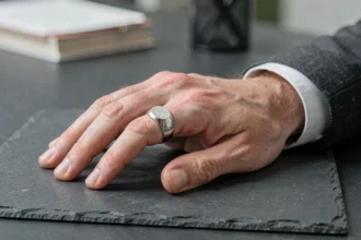 Chevalière en argent massif portée sur l'auriculaire d'un homme en costume, posée sur une surface en ardoise sombre, plan macro éditorial