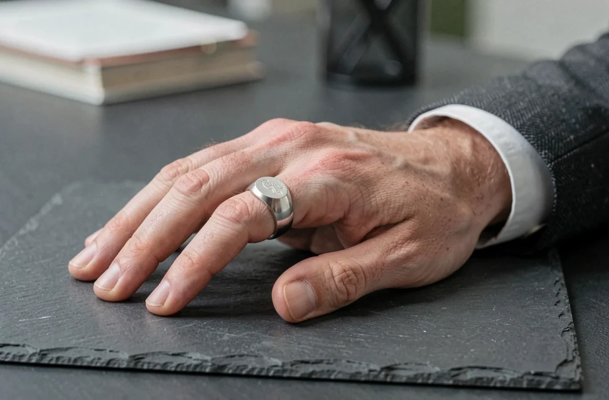 Chevalière en argent massif portée sur l'auriculaire d'un homme en costume, posée sur une surface en ardoise sombre, plan macro éditorial