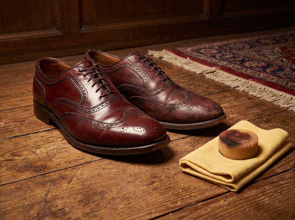 Chaussures en cuir bordeaux avant et après cirage, posées sur un parquet en bois avec accessoires d'entretien