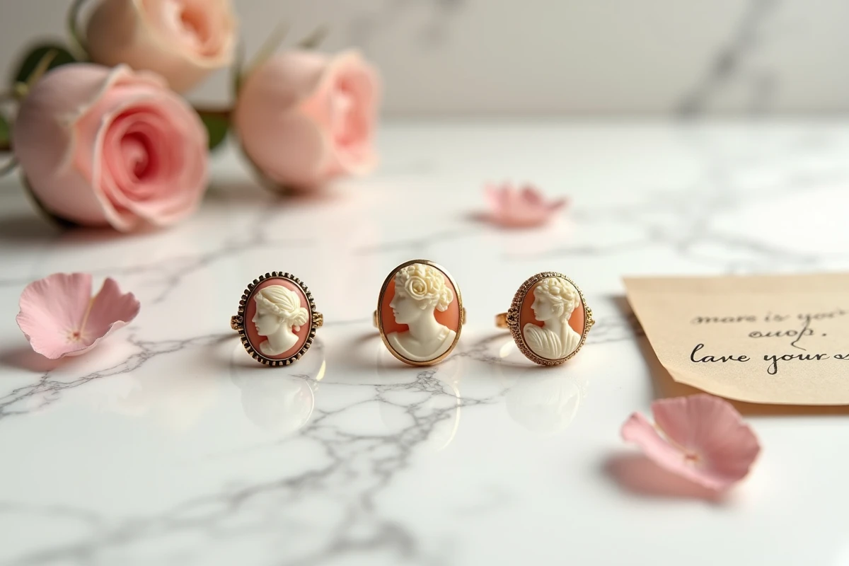 Trois bagues camées anciennes avec motifs fleurs anges et déesses en mise à plat sur marbre blanc
