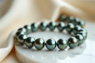 Collier complet en perles de Tahiti noires et vertes sur marbre blanc, vue rapprochée macro