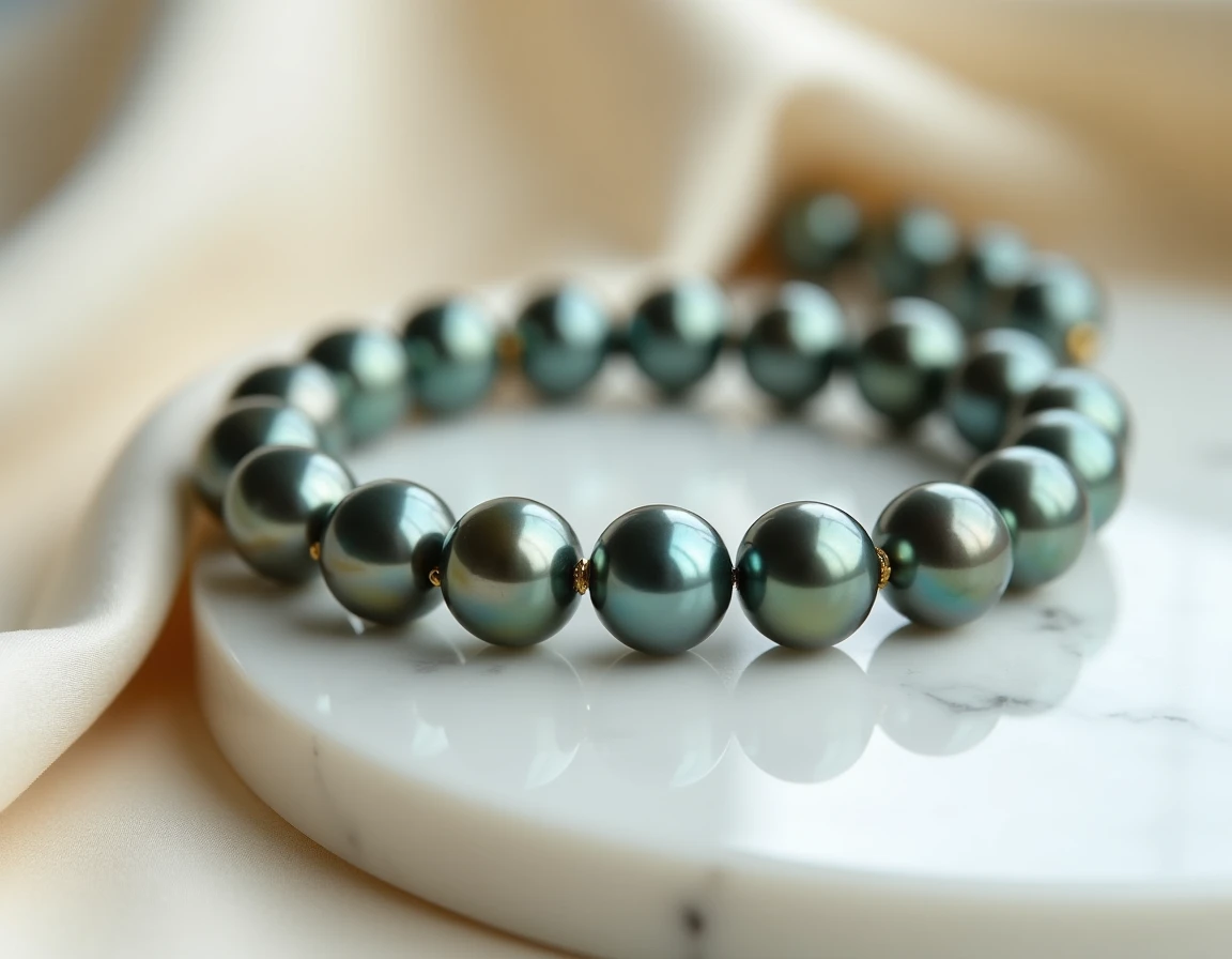 Collier complet en perles de Tahiti noires et vertes sur marbre blanc, vue rapprochée macro