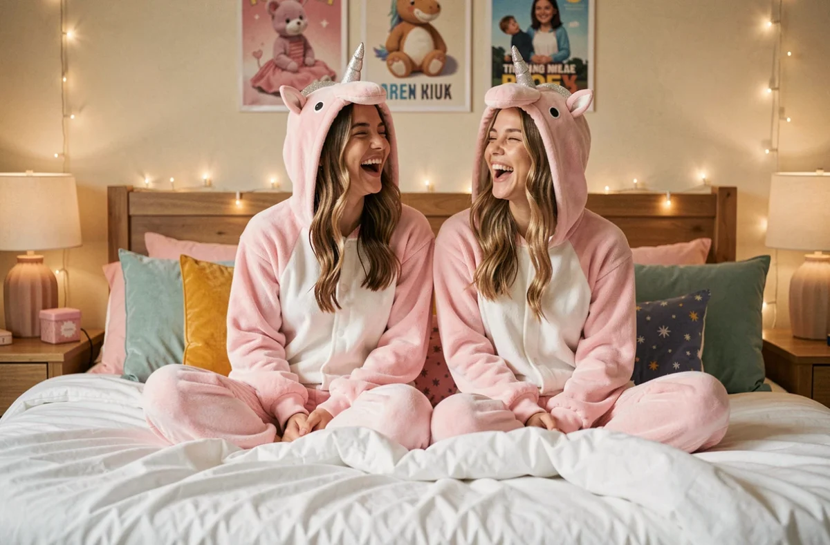 Deux jeunes femmes en combinaisons pyjama licorne rose pastel assorties riant sur un lit douillet et coloré