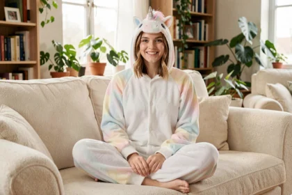 Jeune femme souriante portant une combinaison pyjama licorne blanche avec capuche corne sur un canapé cosy