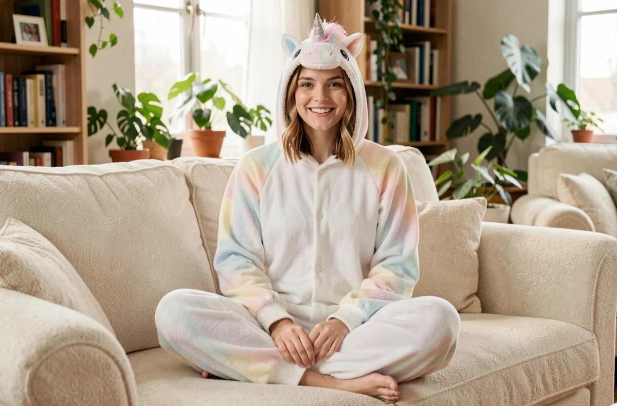 Jeune femme souriante portant une combinaison pyjama licorne blanche avec capuche corne sur un canapé cosy