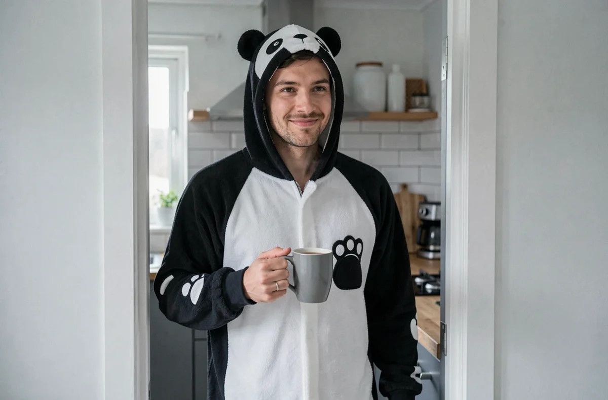 Homme détendu en combinaison pyjama panda noir et blanc tenant une tasse de thé dans l'embrasure d'une cuisine moderne