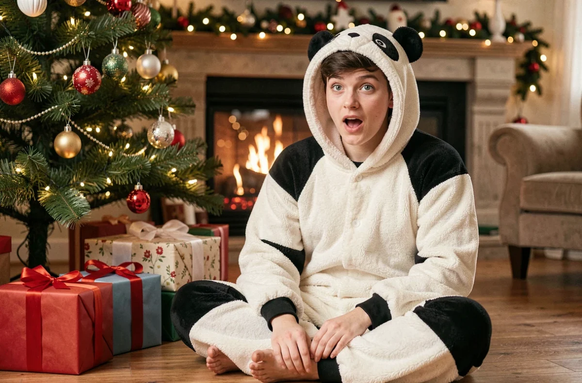 Jeune adulte en combinaison pyjama panda moelleux assis près d'un sapin de Noël entouré de cadeaux dans un salon chaleureux