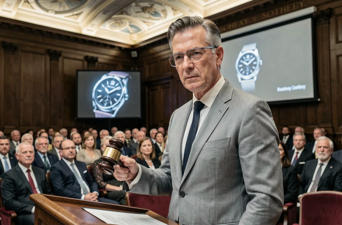 Commissaire-priseur lors d'une vente aux enchères de montres de prestige dans une maison d'enchères internationale