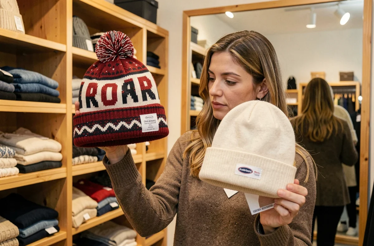 Femme comparant deux bonnets d'hiver dans une boutique de vêtements, illustrant les erreurs de style courantes à éviter