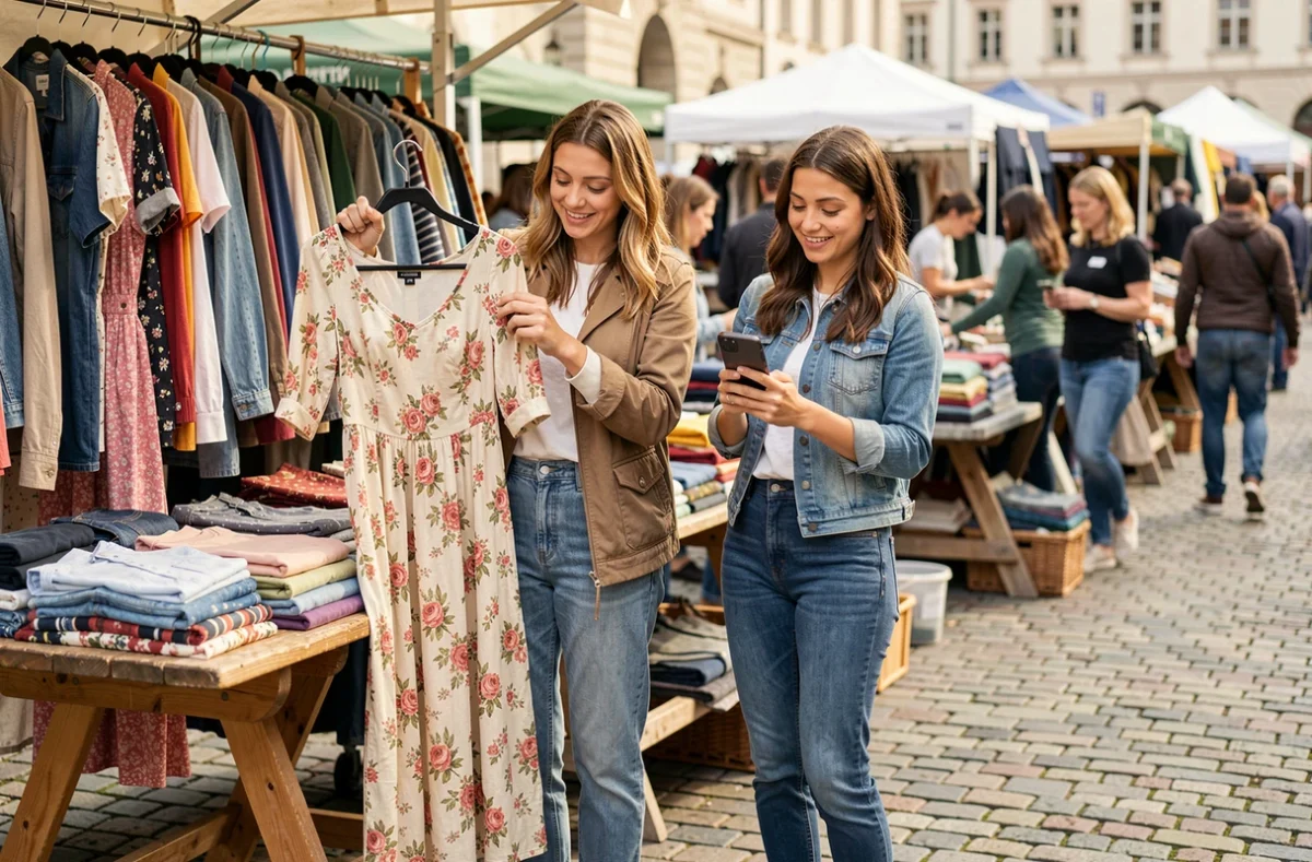 Deux femmes comparant les prix entre une friperie de marché et une application de revente en ligne, devant un stand de vêtements de seconde main en plein air