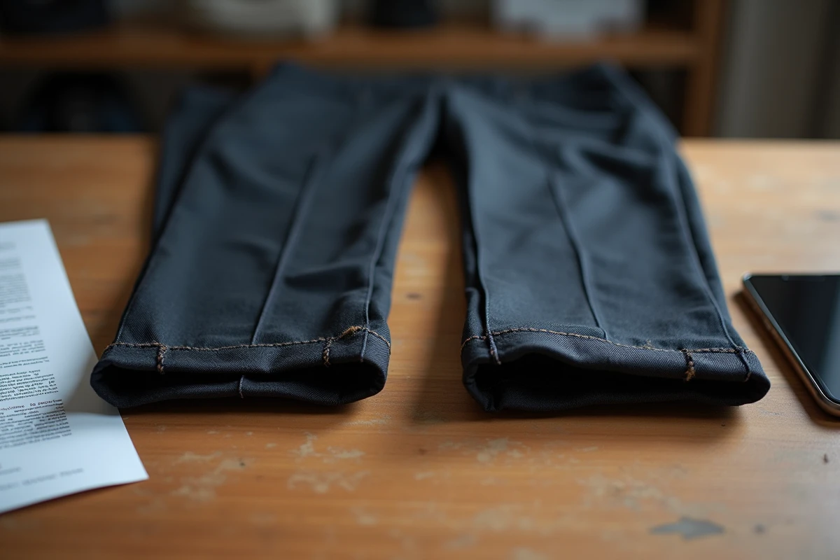 Comparaison en gros plan de deux ourlets de pantalon côte à côte sur un établi de tailleur : retouche artisanale versus service en ligne