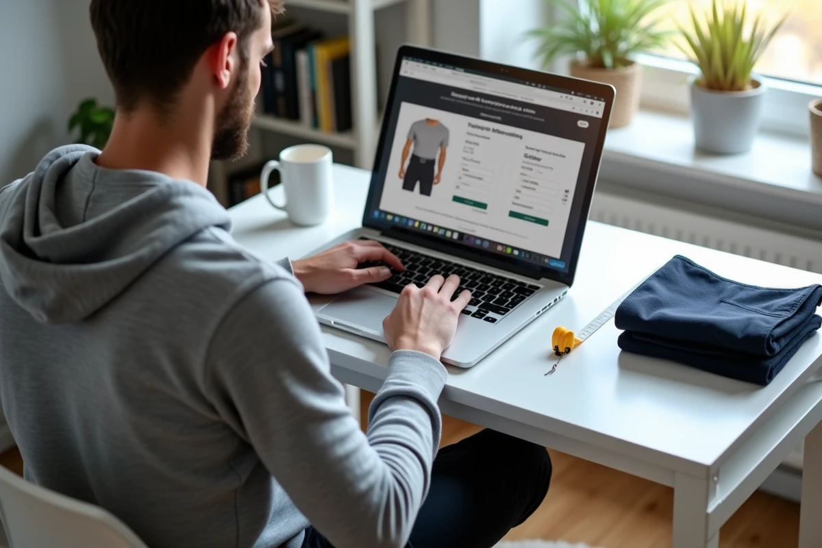 Jeune homme comparant les prix d'ourlet de pantalon sur un service de retouche en ligne depuis son appartement