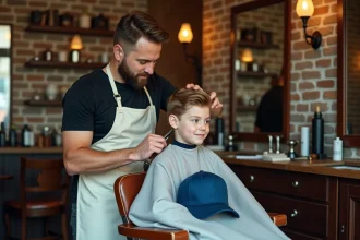 Coiffeur professionnel réalisant une coupe de cheveux style Inoxtag sur un jeune garçon dans un salon de coiffure vintage avec chaise de barbier