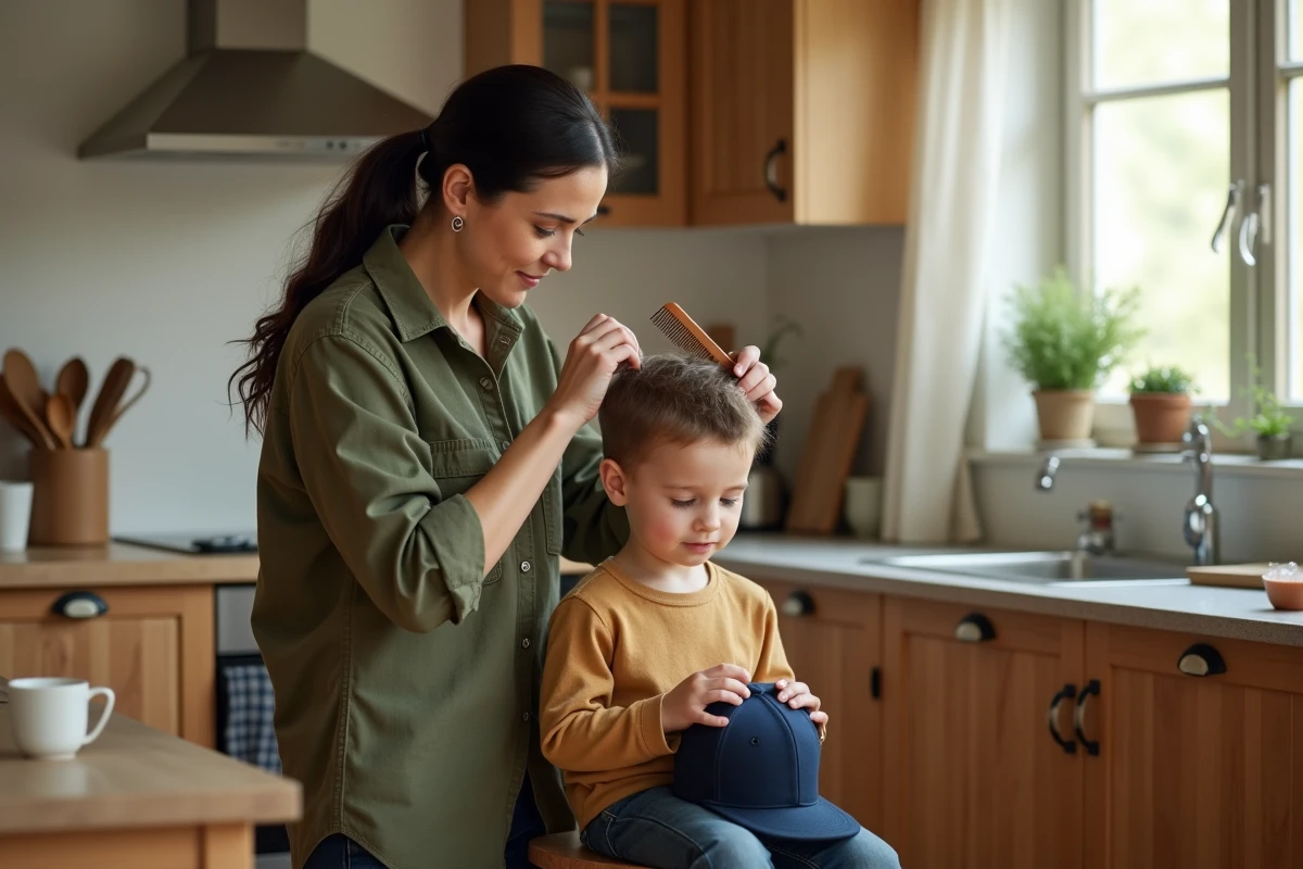 Mère coiffant son fils avec une coupe tendance style Inoxtag dans une cuisine familiale chaleureuse, garçon tenant une casquette bleue