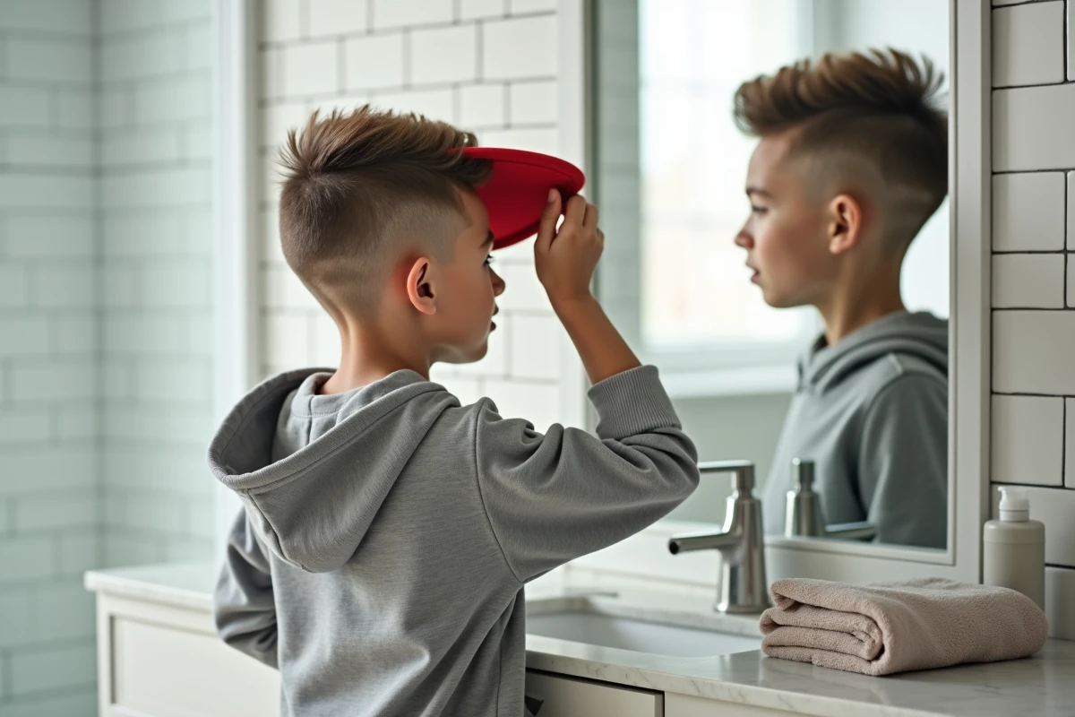 Jeune garçon admirant sa coupe de cheveux tendance inspirée d'Inoxtag dans un miroir de salle de bain moderne avec casquette rouge à la main
