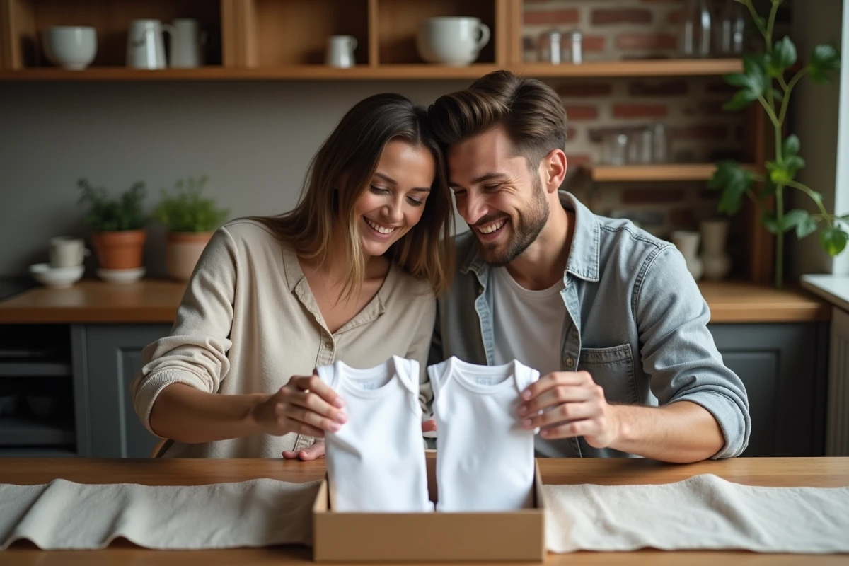 Couple de jeunes parents découvrant des bodys bébé personnalisés dans un emballage cadeau posé sur une table en bois rustique