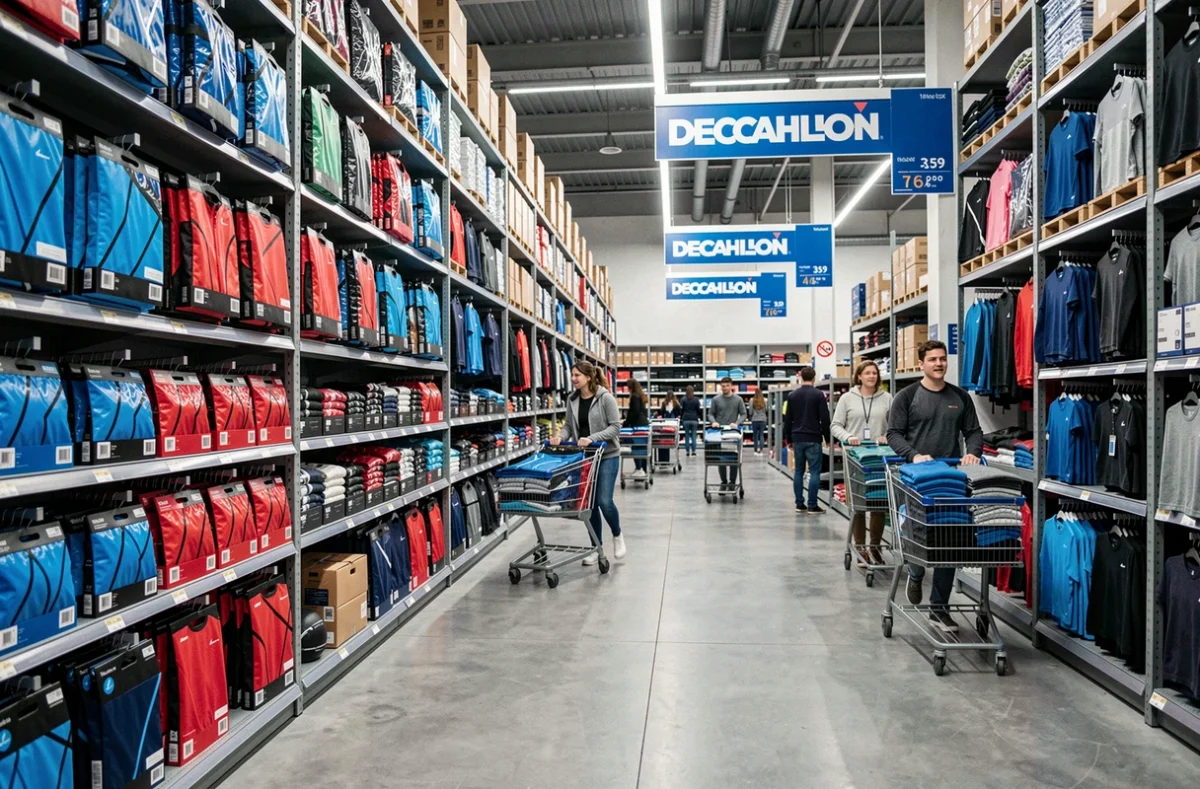 Intérieur du Decathlon de Chambray-lès-Tours avec de vastes rayons de vêtements de sport et des clients en famille