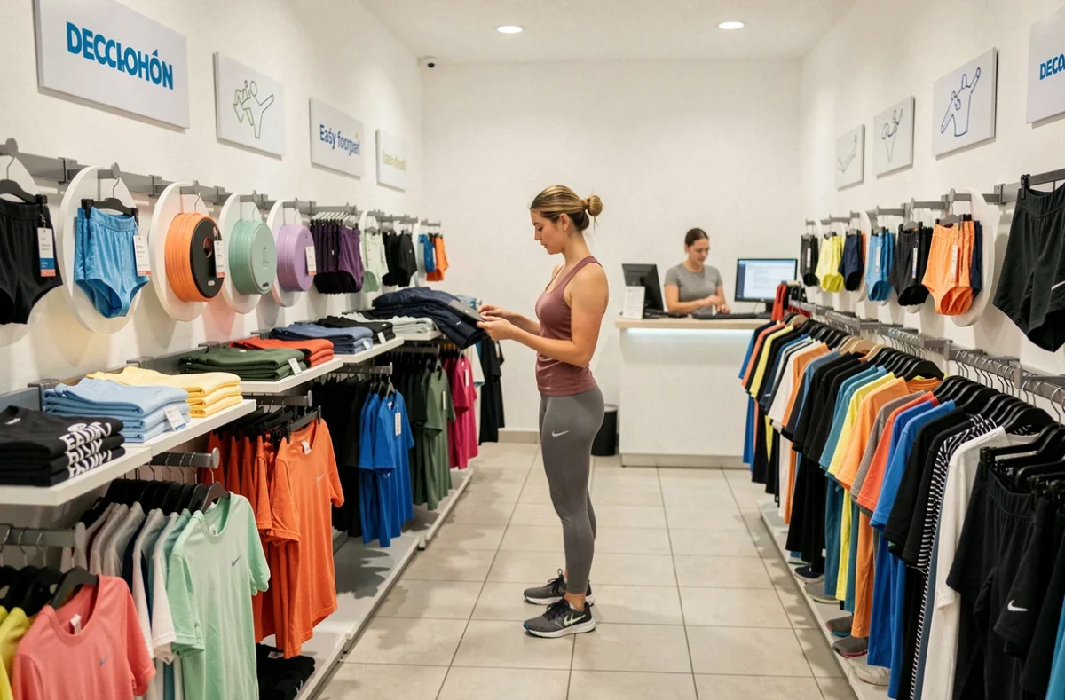 Intérieur compact du Decathlon Easy de La Ville-aux-Dames avec ses rayons de vêtements sport organisés dans un espace réduit