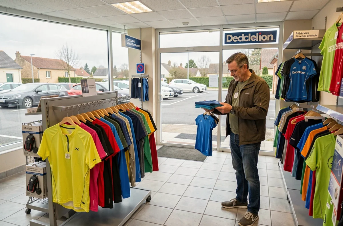 Decathlon Pithiviers en zone rurale avec des rayons de vêtements de sport accessibles et un client comparant des articles