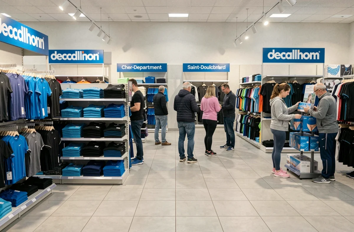 Decathlon Saint-Doulchard avec ses rayons de vêtements sportifs organisés par discipline et des clients en train de faire leurs achats