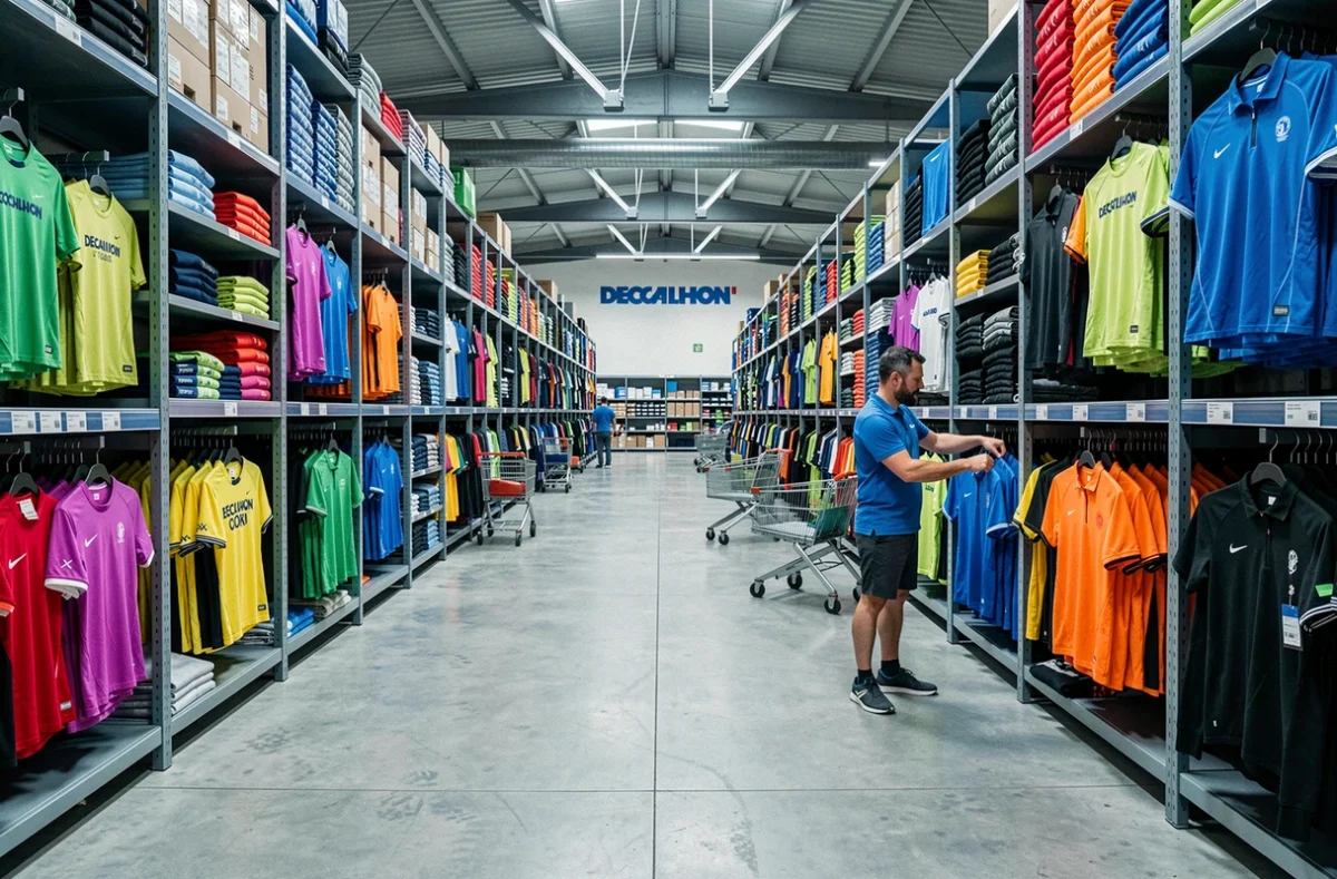 Grand Decathlon Tours Nord avec ses rayons de vêtements sportifs en grand volume et un employé réapprovisionnant les étagères