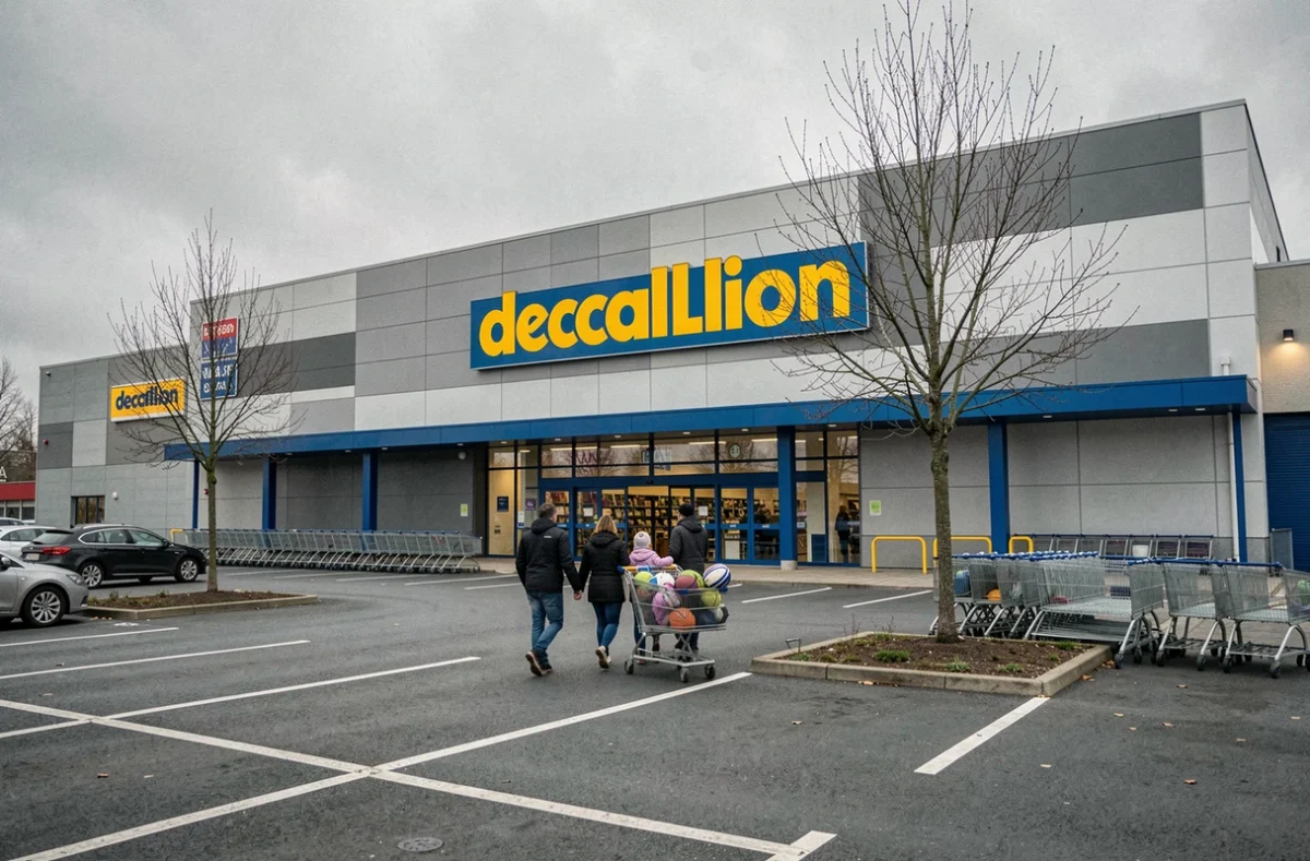 Façade extérieure du Decathlon de Villeneuve d'Ascq Campus avec des clients entrant dans le magasin