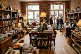 Intérieur d'un dépôt-vente en Bourgogne-Franche-Comté avec mobilier, objets et électronique d'occasion exposés sur plusieurs rangées