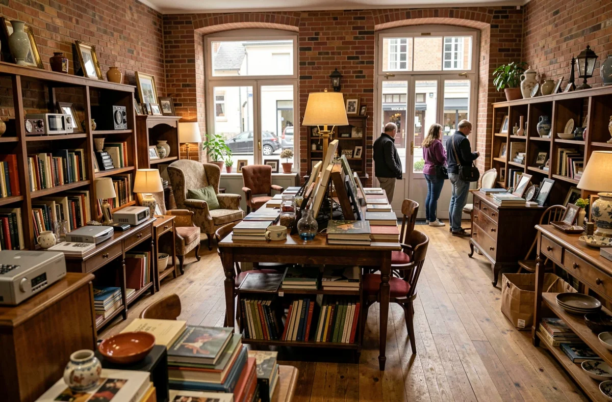 Intérieur d'un dépôt-vente en Bourgogne-Franche-Comté avec mobilier, objets et électronique d'occasion exposés sur plusieurs rangées