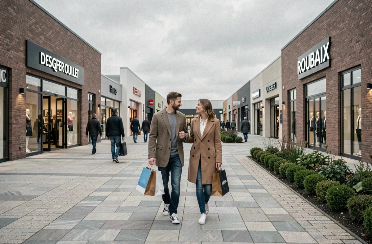 Allée extérieure du Designer Outlet de Roubaix avec des boutiques de marques et des couples faisant du shopping