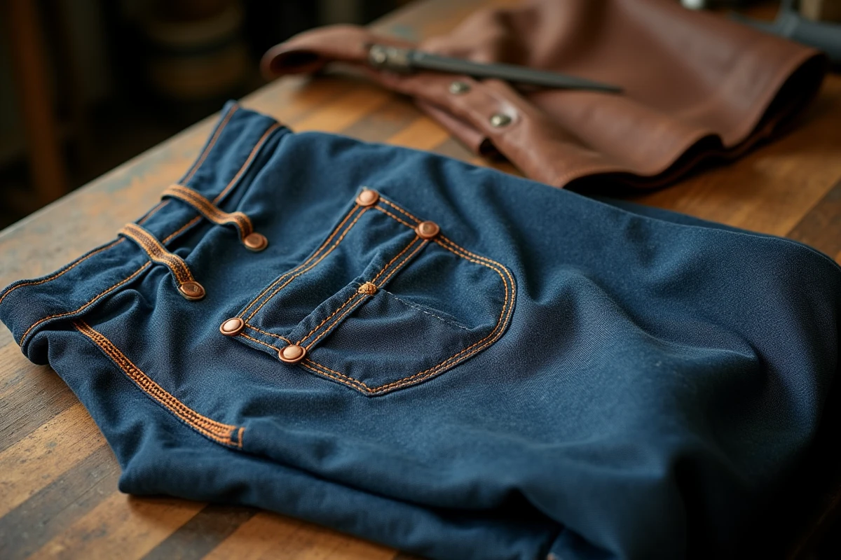 Gros plan détaillé d'un jean de travail style années 1870 avec rivets en cuivre et coutures oranges sur un établi en bois brut, évoquant la naissance historique du jean workwear