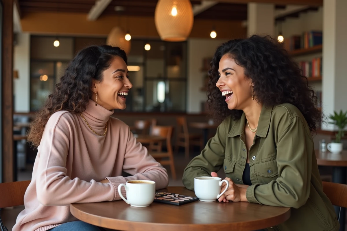 Deux femmes passionnées de mode et beauté échangeant autour de produits cosmétiques dans un café élégant