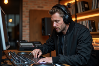 DJ français en studio avec console et vinyles