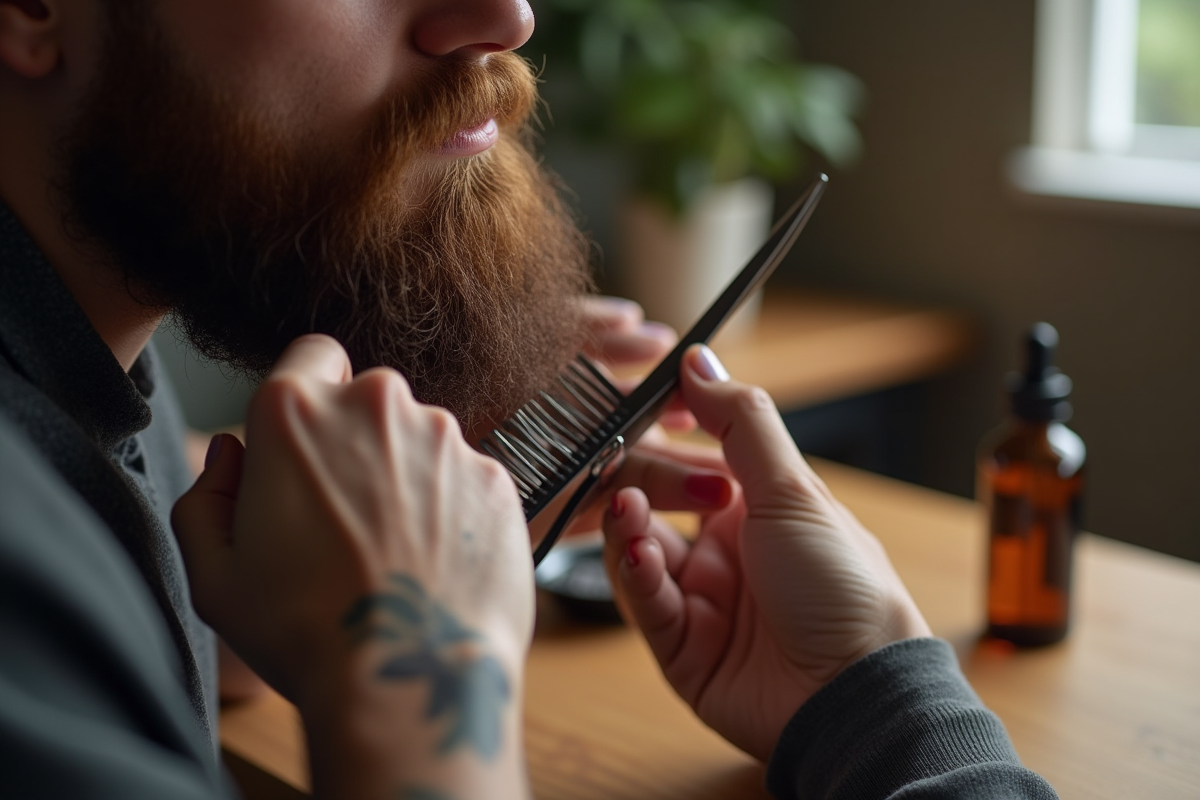 Mains utilisant ciseaux et peigne pour modeler la barbe