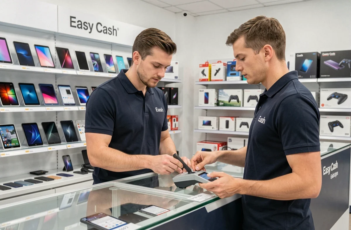 Vendeur Easy Cash Besançon évaluant un smartphone d'occasion au comptoir entouré d'appareils électroniques reconditionnés en rayon