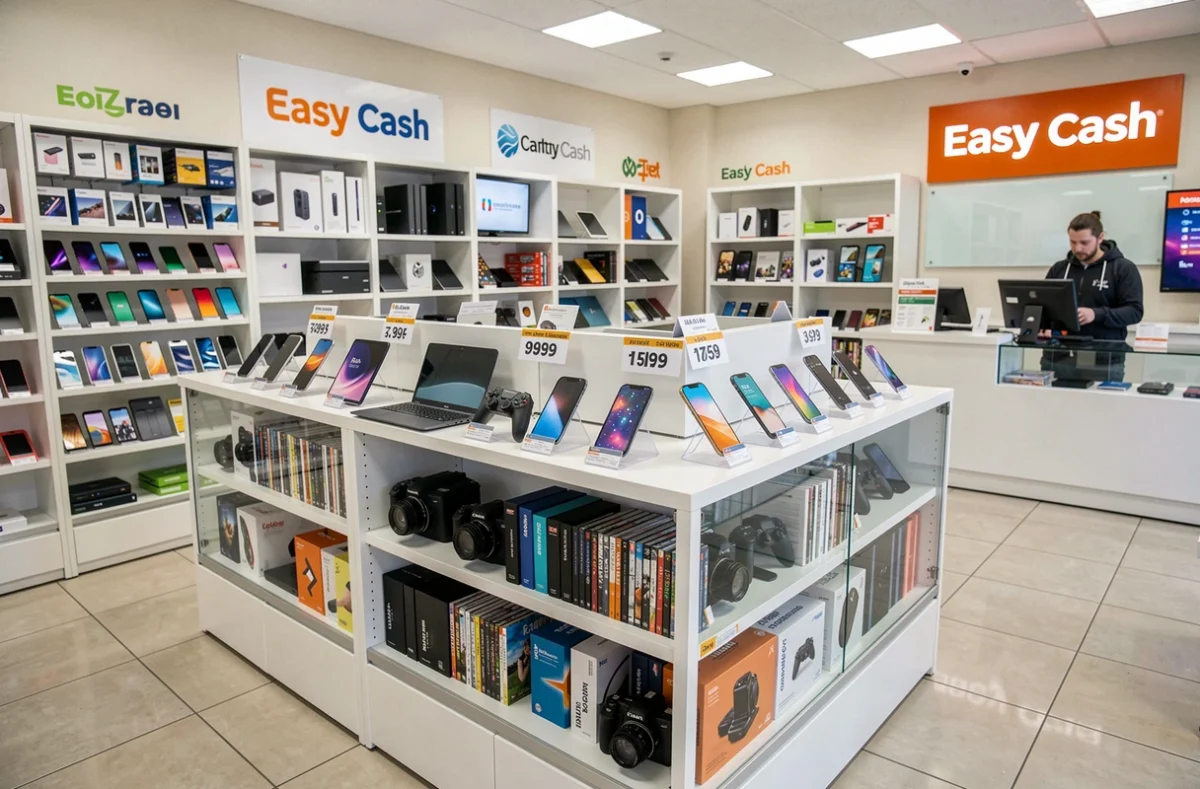 Rayon multimédia d'occasion chez Easy Cash Dijon avec smartphones, consoles et appareils reconditionnés exposés en vitrine