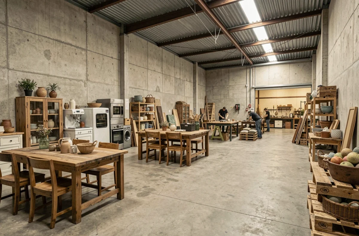 Espace de réemploi de la ressourcerie Emmaüs Besançon avec mobilier récupéré et zone d'atelier de reconditionnement visible en arrière-plan