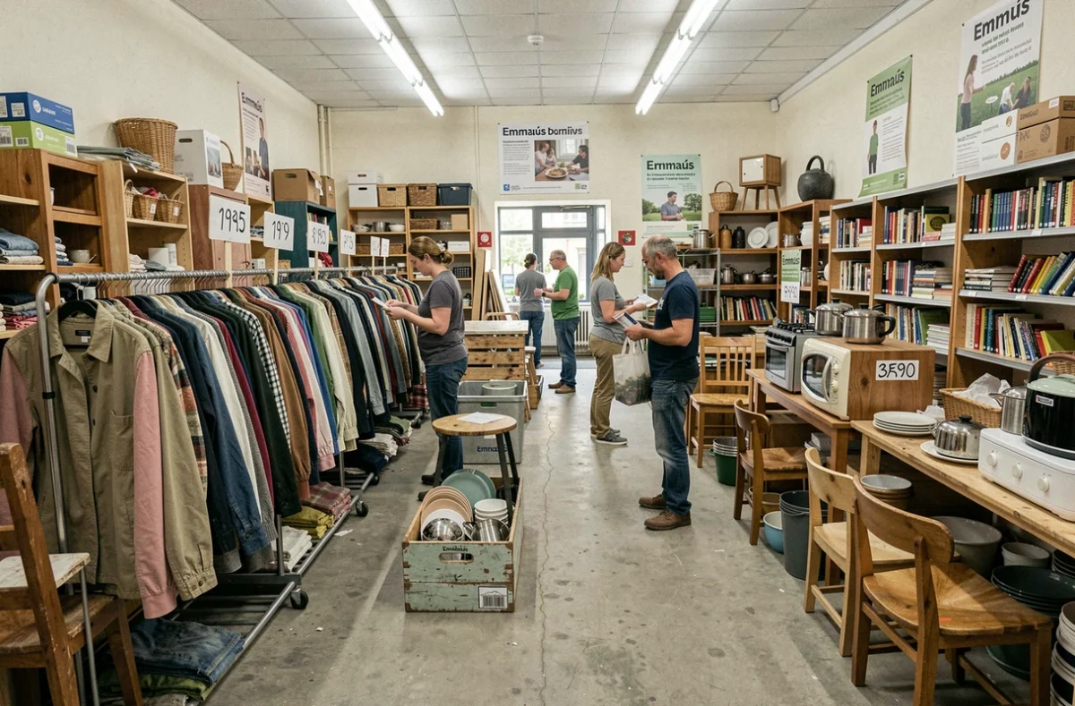 Bénévoles et clients dans le dépôt Emmaüs de Dijon entouré de meubles, vêtements et objets d'occasion à prix solidaires