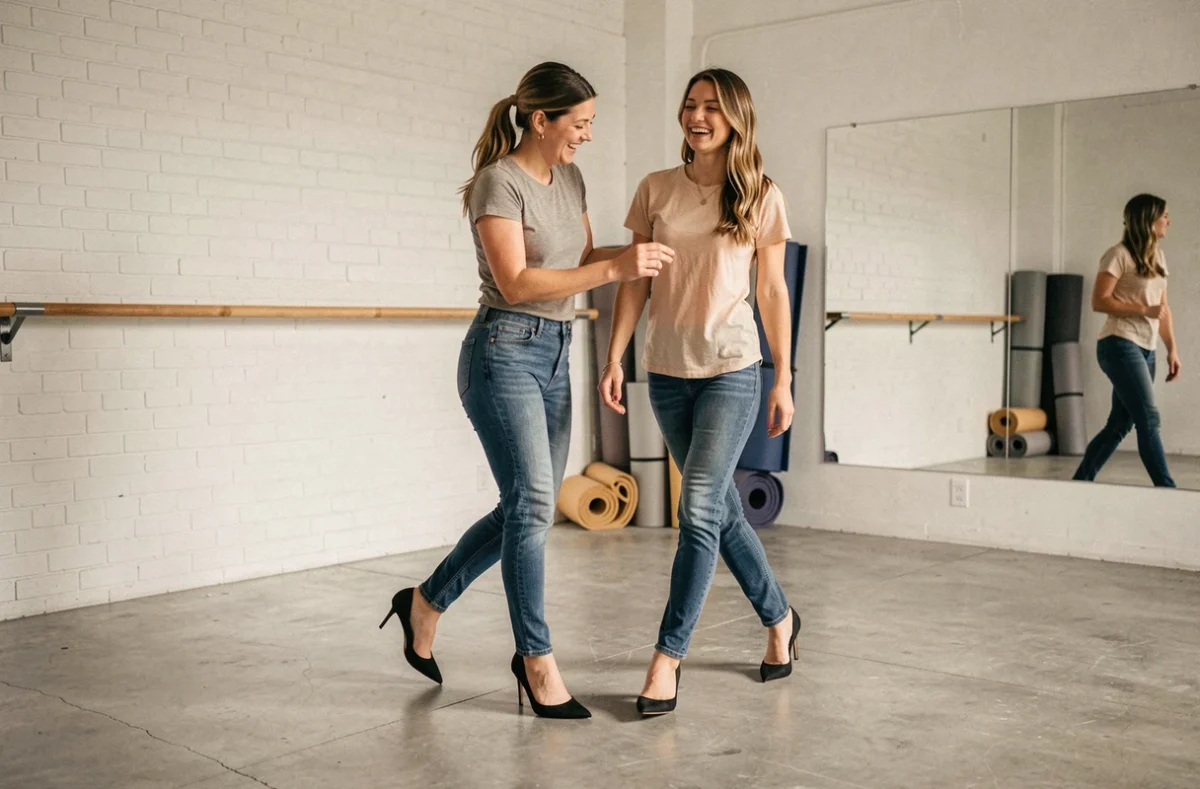 Deux amies s'entraident pour apprendre à marcher avec des talons aiguilles dans un studio