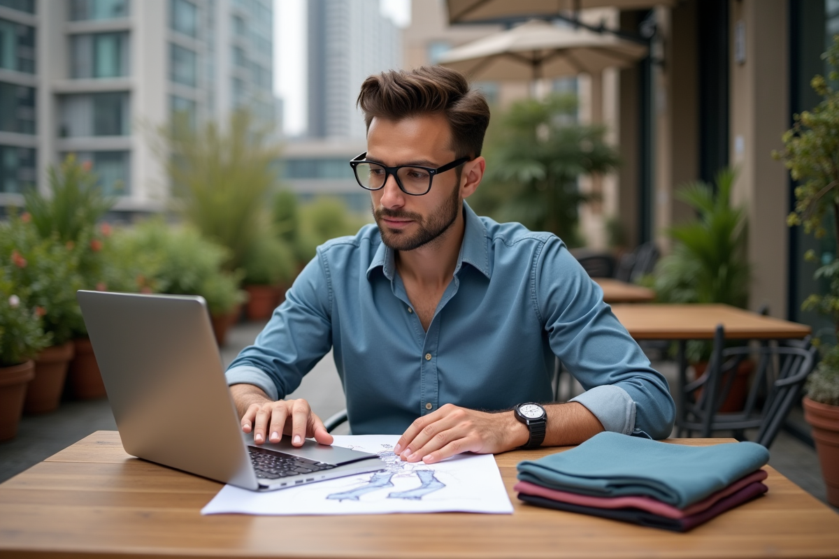 Entrepreneur de mode travaillant en extérieur avec croquis et échantillons