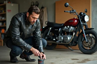 Motard appliquant un produit d'entretien sur son blouson en cuir noir dans un garage béton