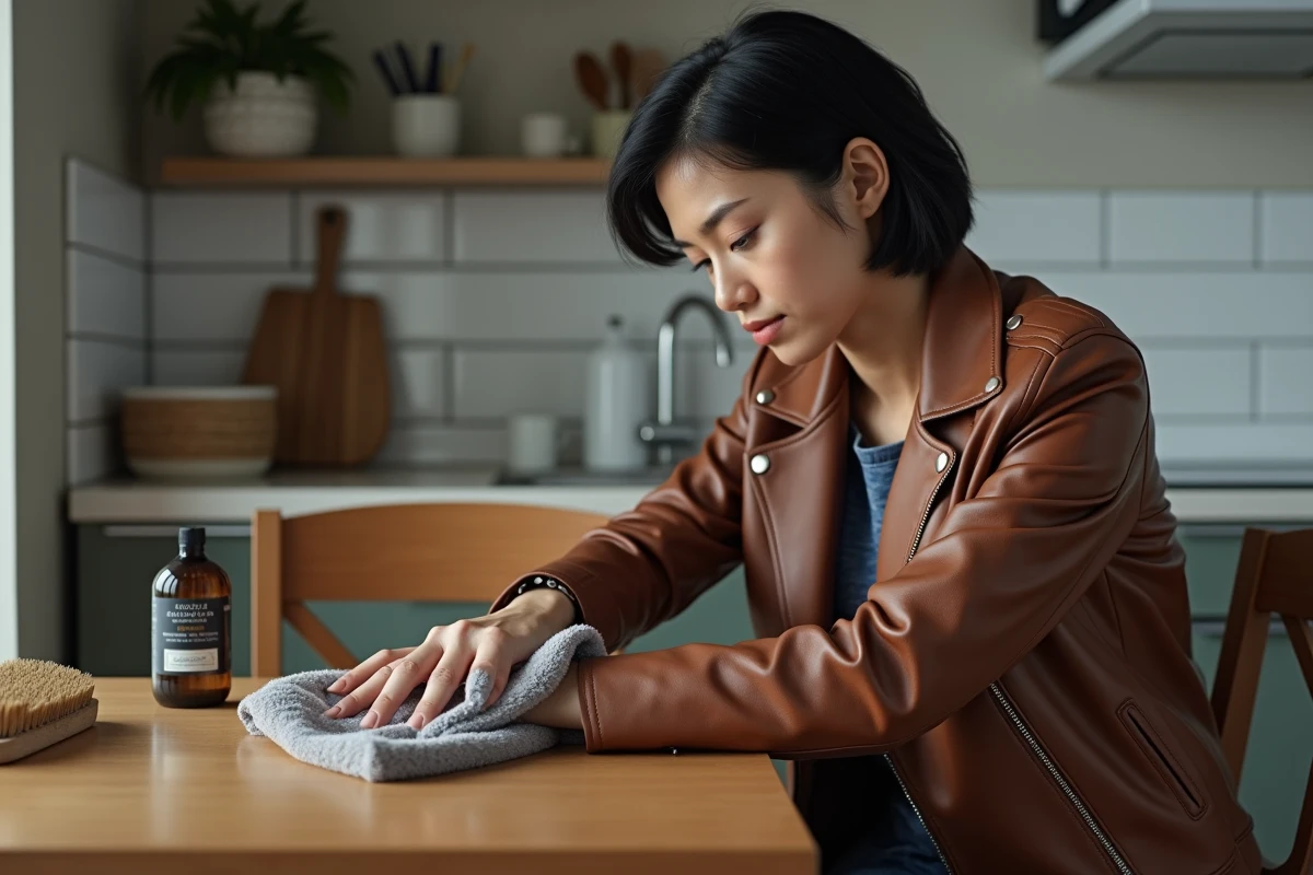Femme entretenant son blouson de moto en cuir marron avec un chiffon microfibre dans une cuisine