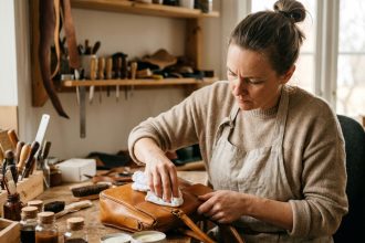 Femme entretenant un sac en cuir avec un produit nourrissant sur un établi en bois