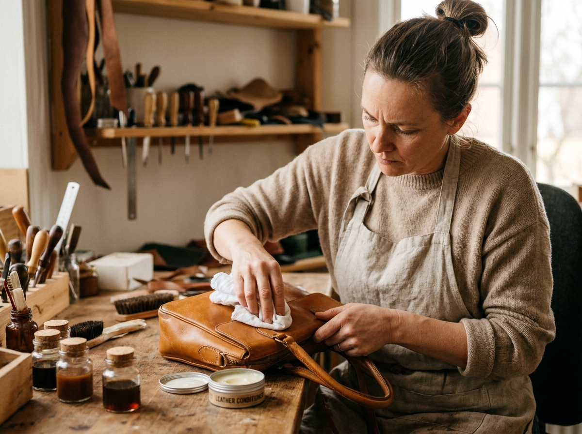 Femme entretenant un sac en cuir avec un produit nourrissant sur un établi en bois